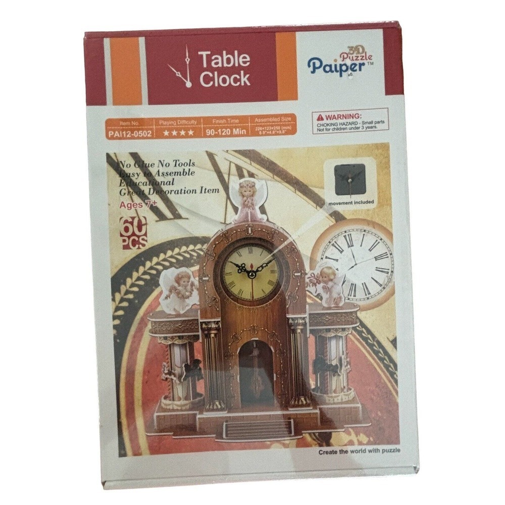 NIP PAIPER 3D PUZZLE TABLE CLOCK 60 PCS FOR AGES 7 AND UP 8.9''X4.8''X9.8'